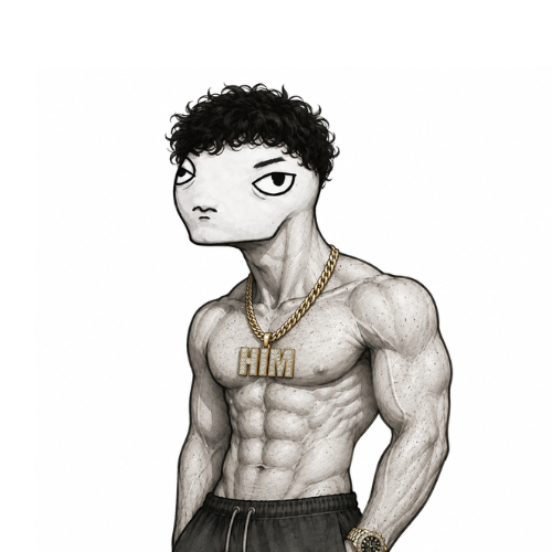$HIM mascot: a muscular figure with a sharp jawline, curly hair, and a gold chain with a HIM pendant